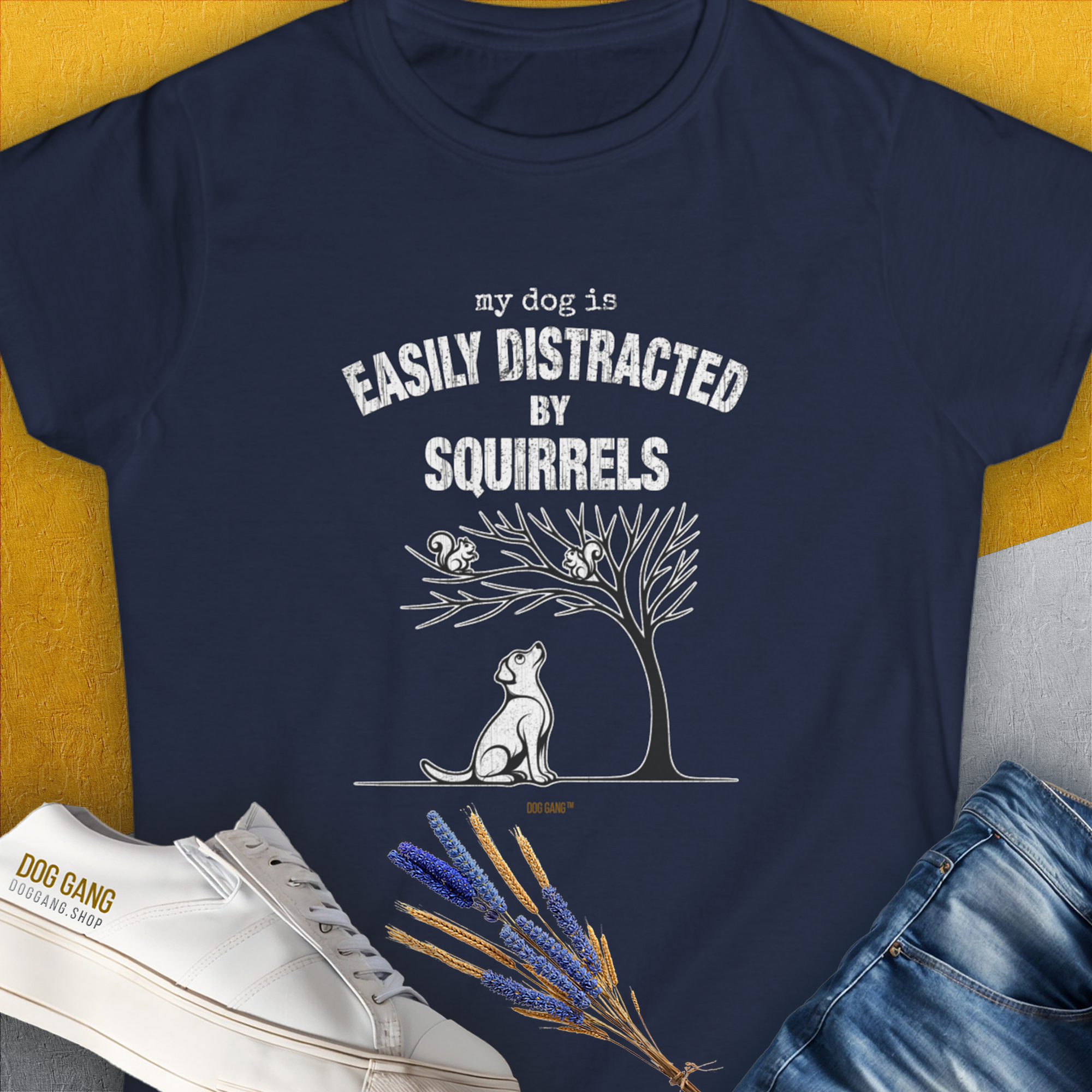 My Dog Is Easily Distracted By - Volume 1: Squirrels, Women's T-Shirt-Navy, a cool and stylish design with a funny saying from Dog Gang