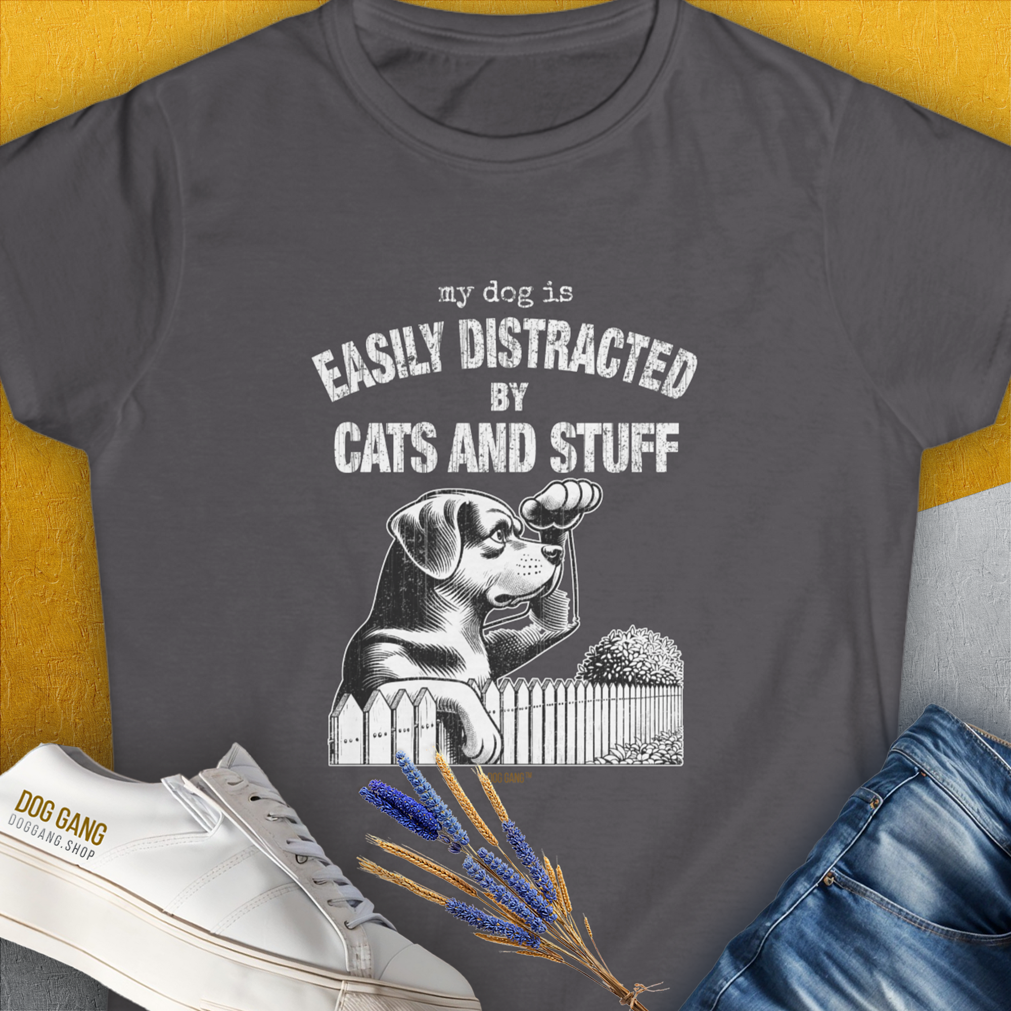 My Dog Is Easily Distracted By - Volume 2: Cats And Stuff, Women's T-Shirt-Charcoal. A dog-themed Design from Dog Gang