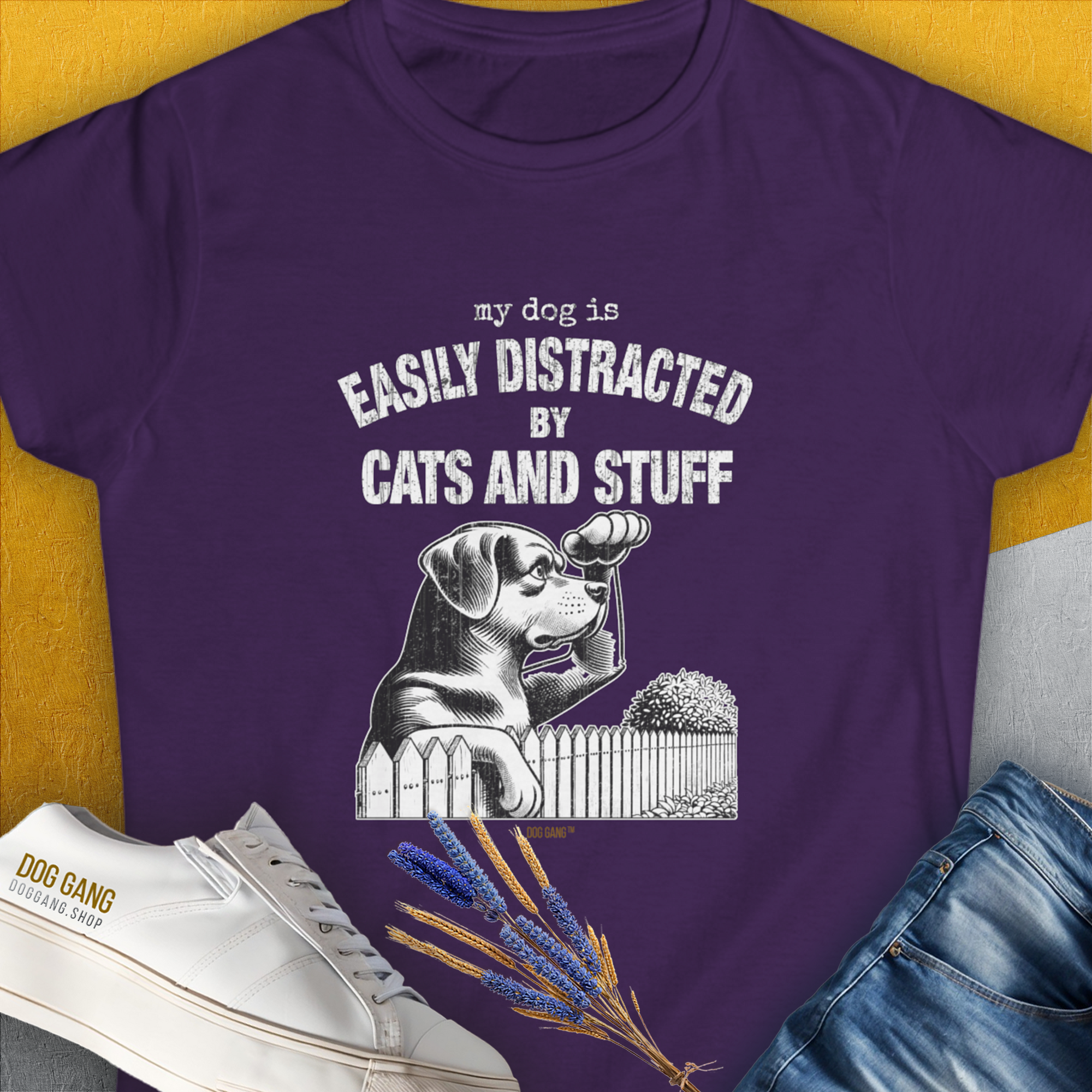 My Dog Is Easily Distracted By - Volume 2: Cats And Stuff, Women's T-Shirt-Purple. A perfect gift for dog lovers and dog owners. Design by Dog Gang
