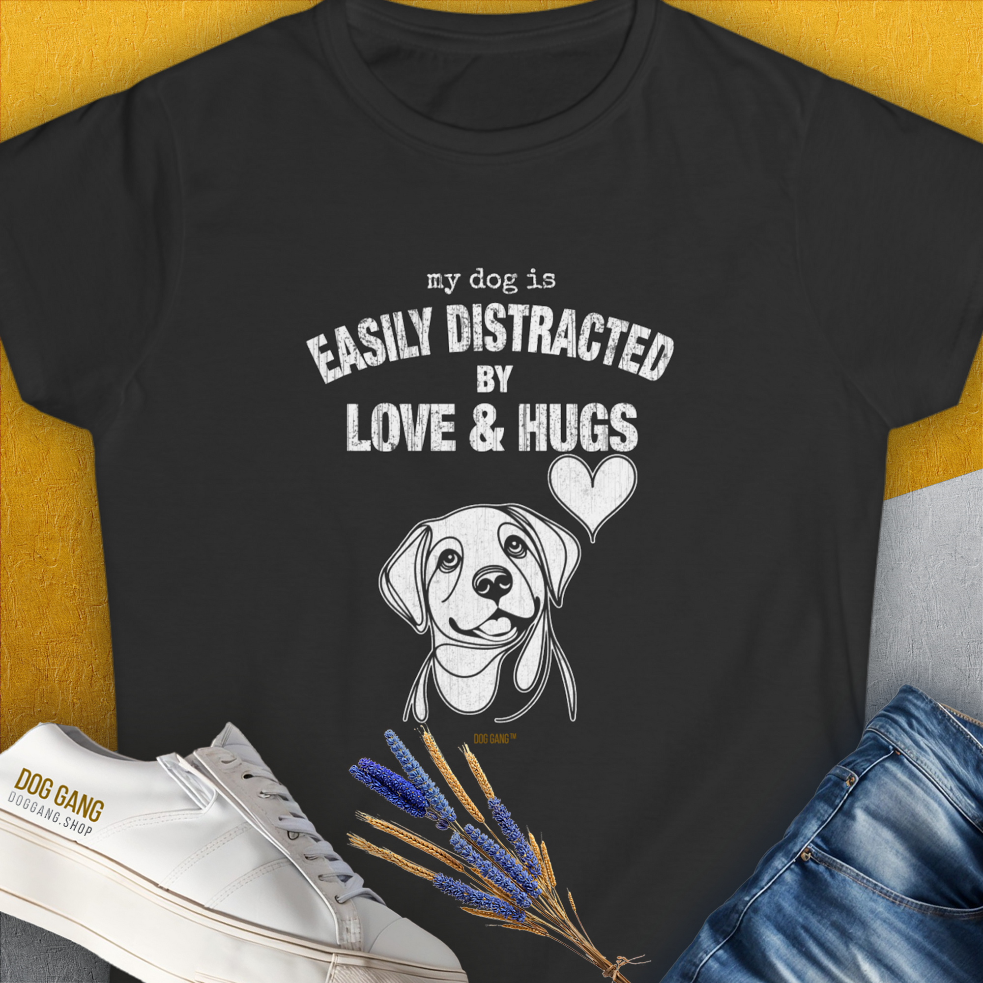 My Dog Is Easily Distracted By - Volume 3: Love And Hugs, Women's T-Shirt-Black. A perfect gift for dog lovers and dog owners. Design by Dog Gang