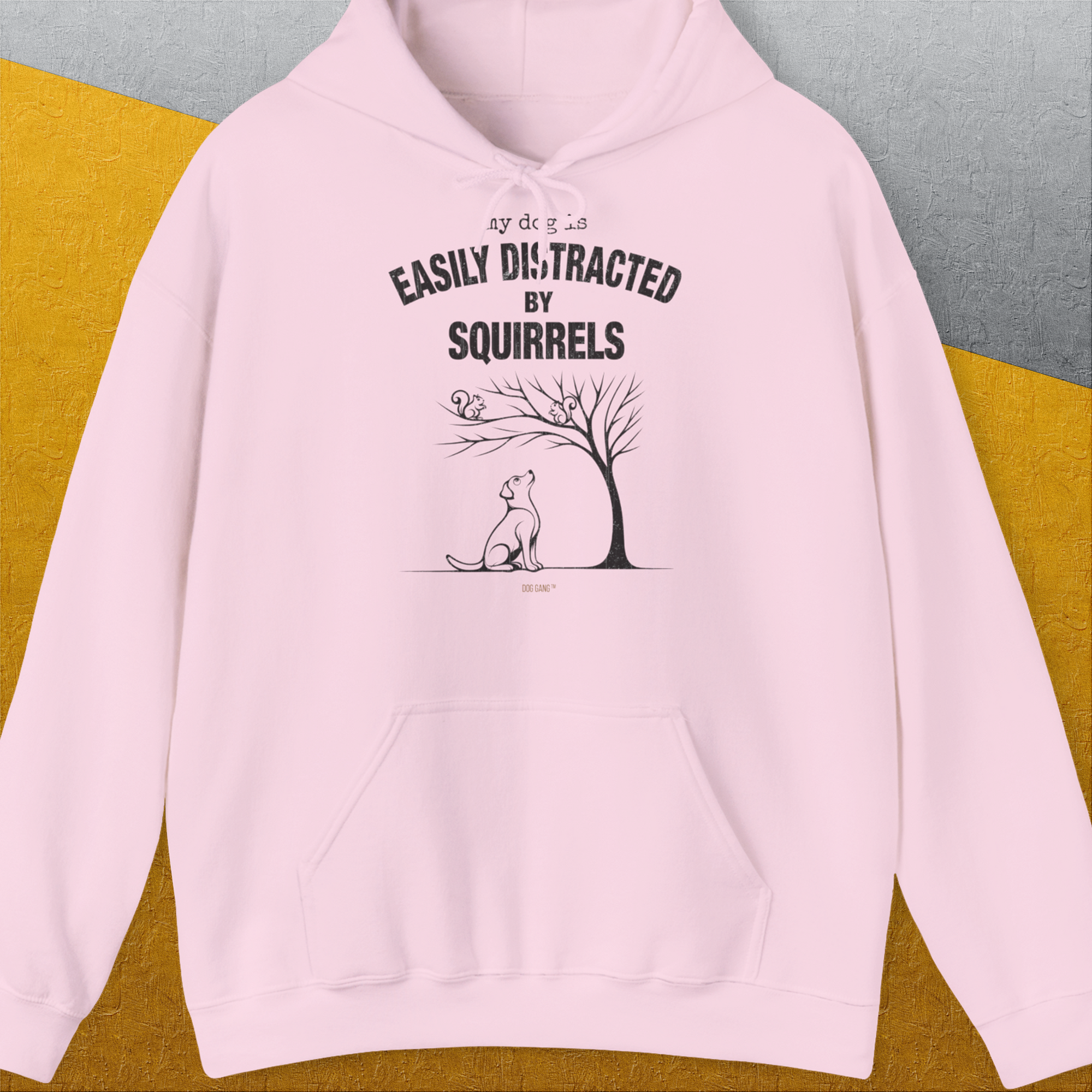 My Dog Is Easily Distracted By - Volume 1: Squirrels, Unisex Hoodie-Light Pink. For dog lovers and dog owners. Design by Dog Gang