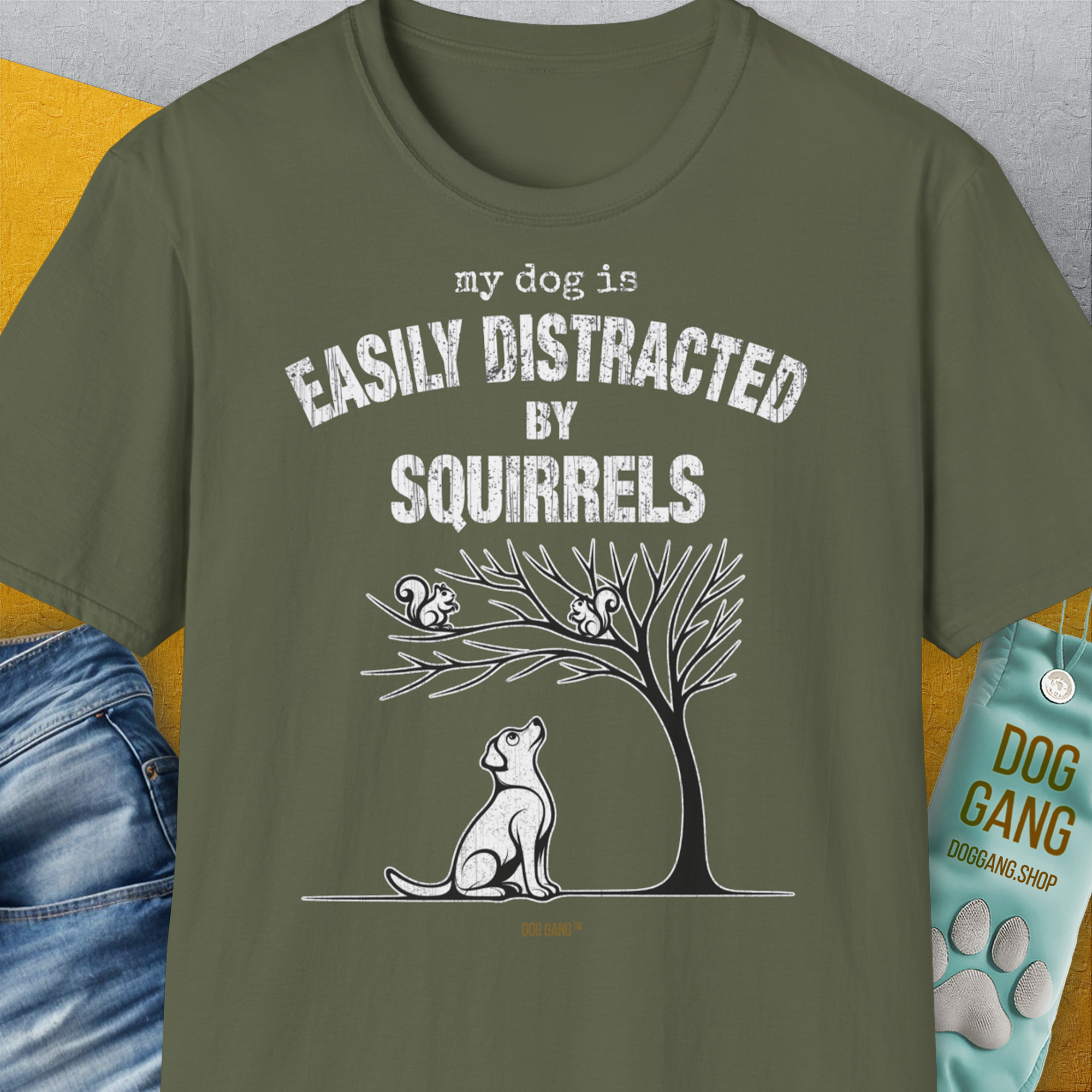 My Dog Is Easily Distracted By - Volume 1: Squirrels, Unisex T-Shirt-Military Green, Design by Dog Gang