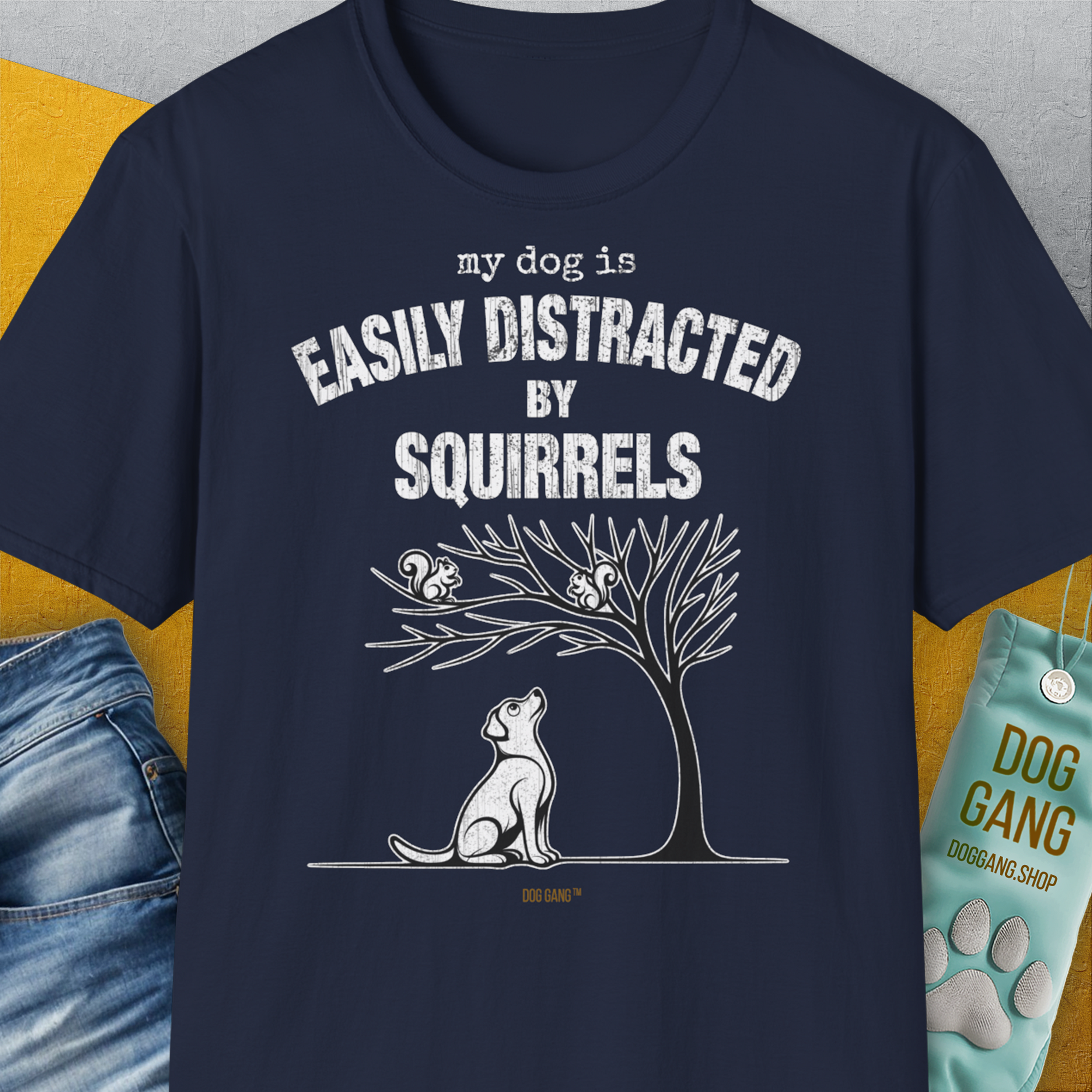 My Dog Is Easily Distracted By - Volume 1: Squirrels, Unisex T-Shirt-Navy, Design by Dog Gang