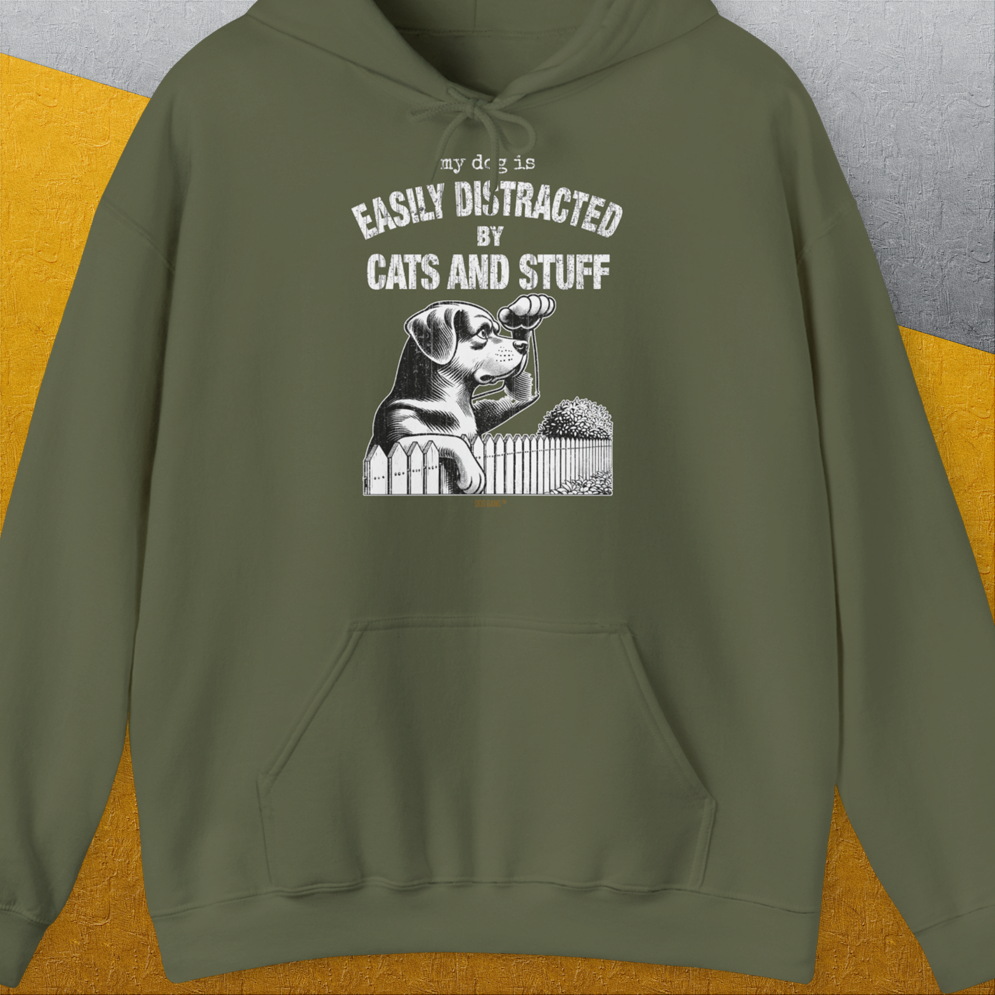 My Dog Is Easily Distracted By - Volume 2: Cats And Stuff, Unisex Hoodie-Military Green, Design by Dog Gang