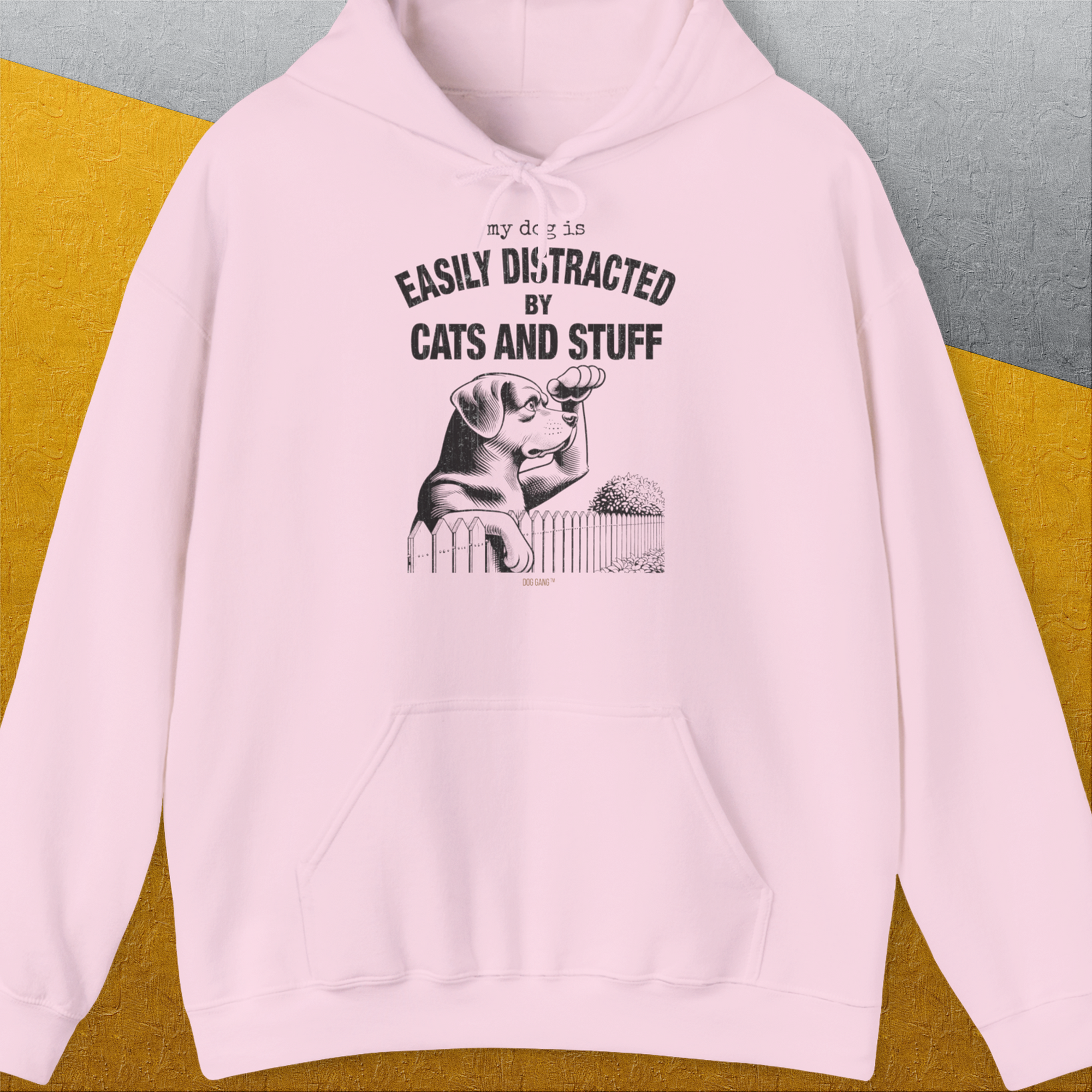 My Dog Is Easily Distracted By - Volume 2: Cats And Stuff, Unisex Hoodie-Light Pink. A perfect gift for dog lovers and dog owners. Design by Dog Gang