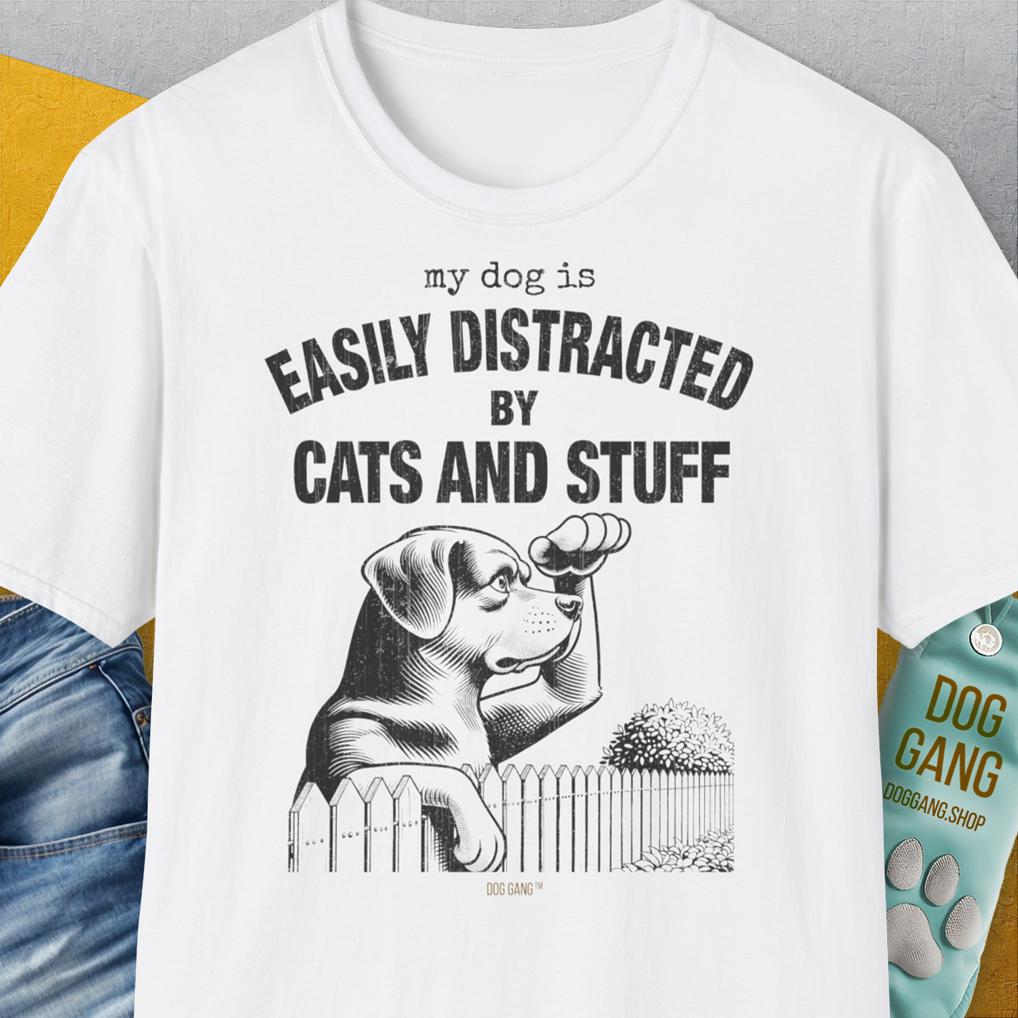 My Dog Is Easily Distracted By - Volume 2: Cats And Stuff, Unisex T-Shirt-White, a cool and stylish design with a funny saying from Dog Gang