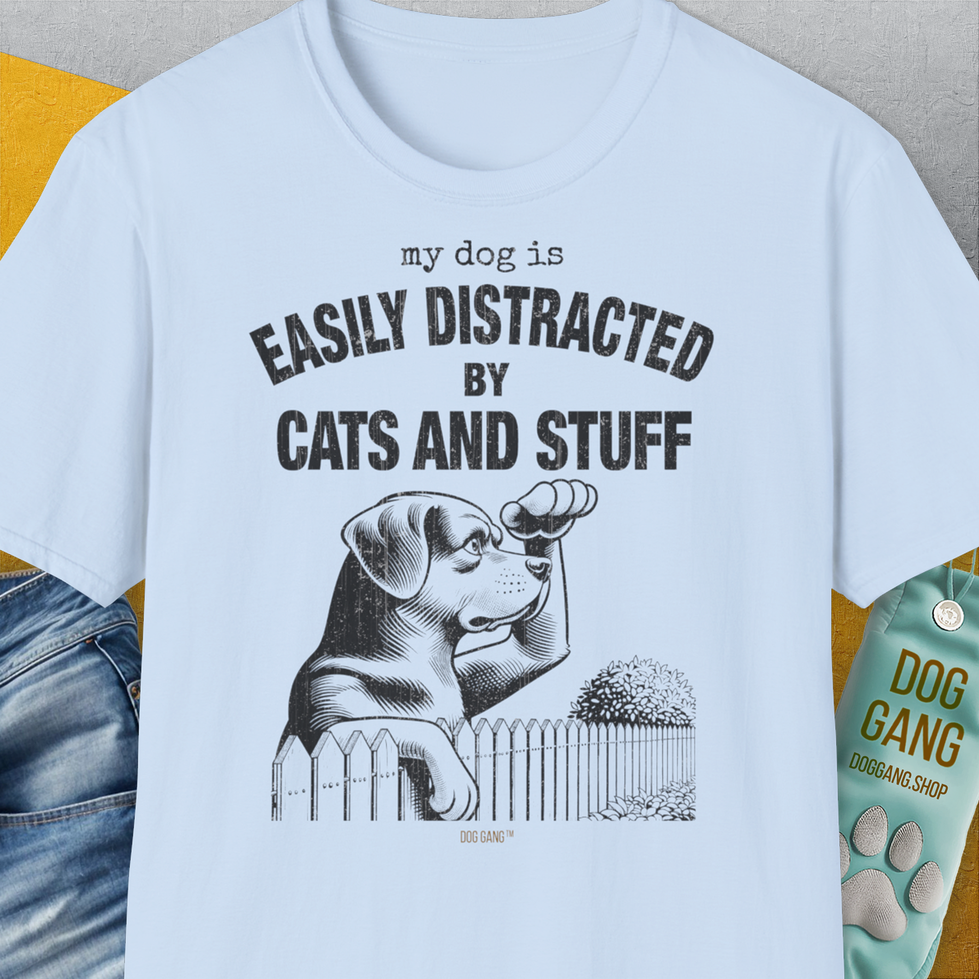 My Dog Is Easily Distracted By - Volume 2: Cats And Stuff, Unisex T-Shirt-Light Blue, Design by Dog Gang