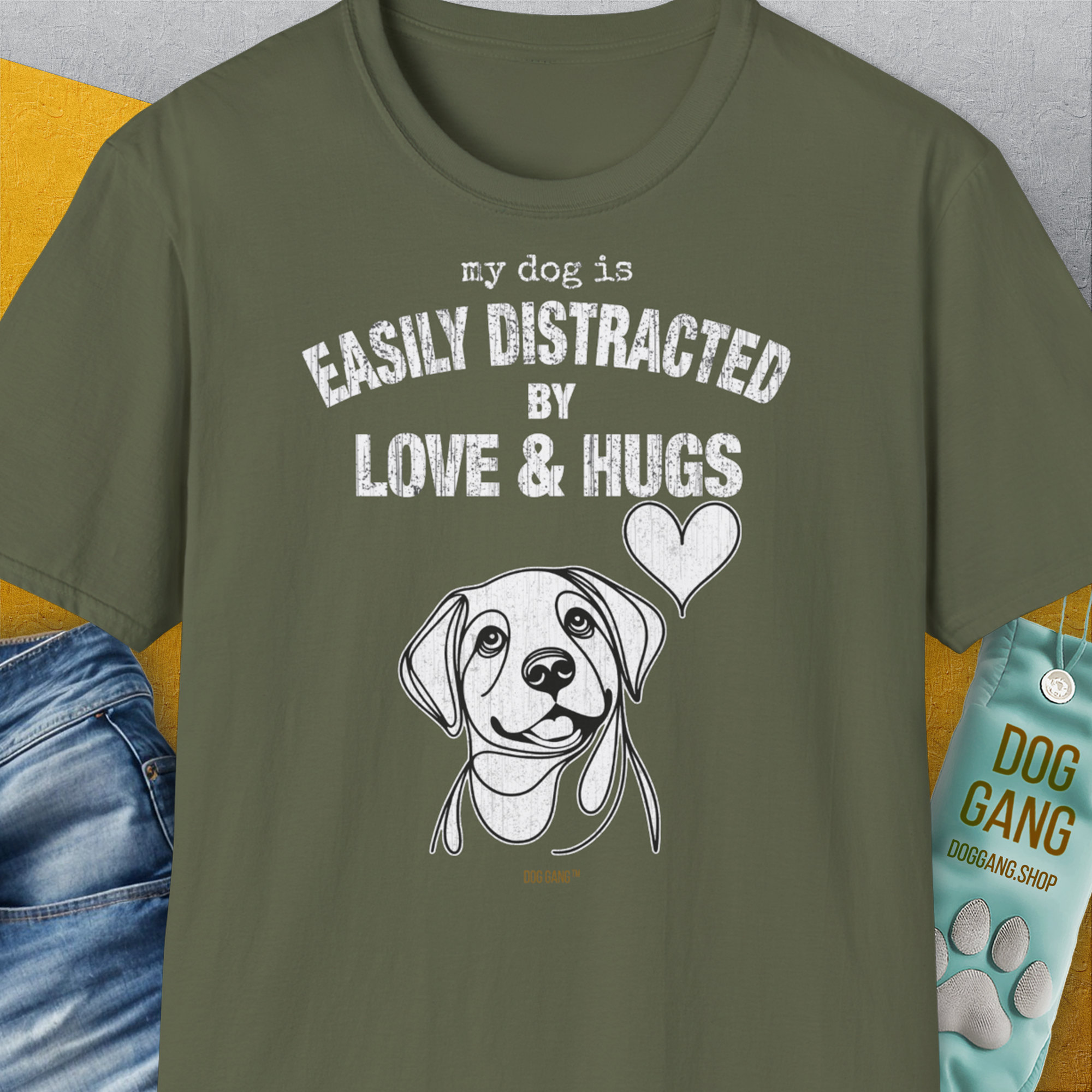 My Dog Is Easily Distracted By - Volume 3: Love And Hugs, Unisex T-Shirt-Military Green, Design by Dog Gang
