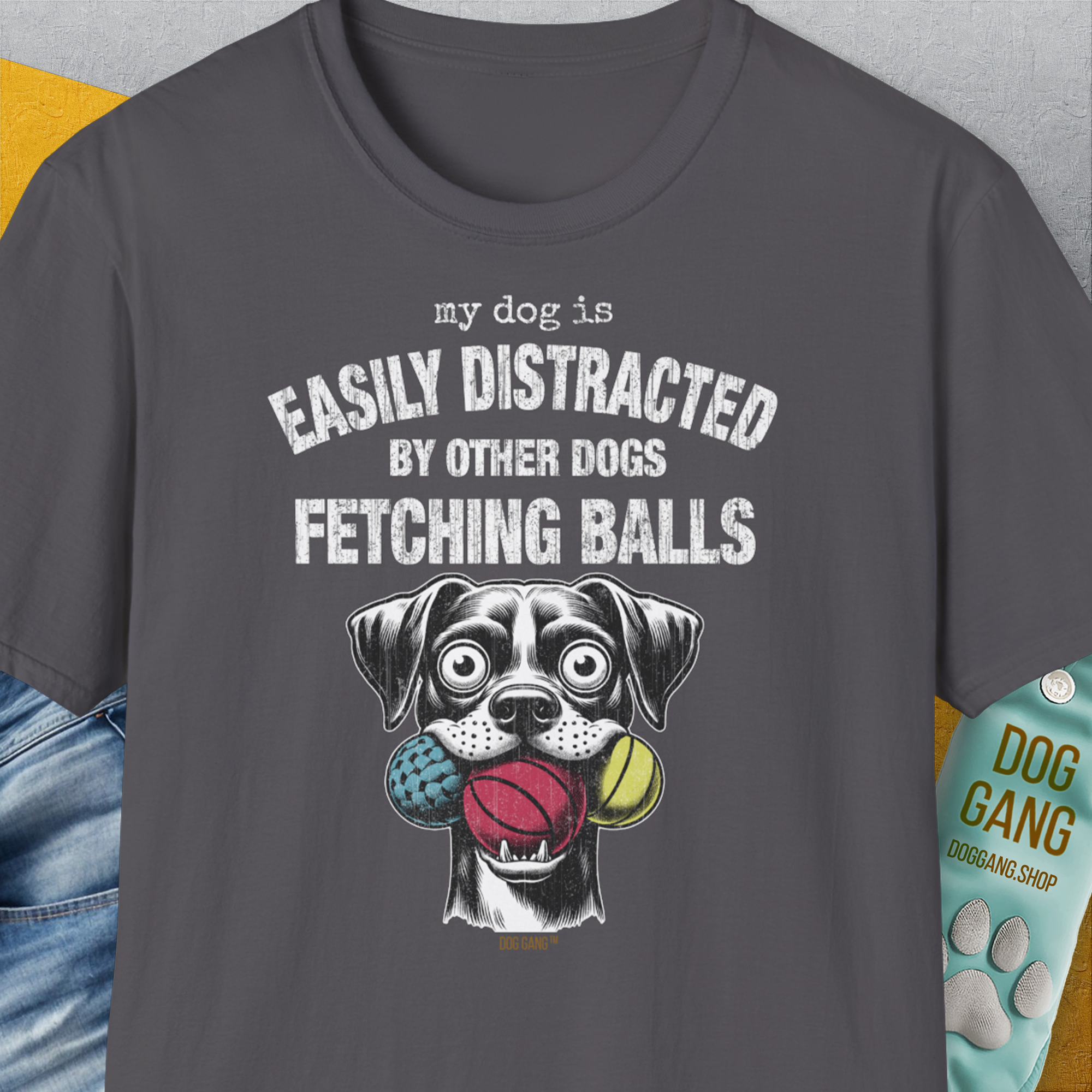 My Dog Is Easily Distracted By - Volume 4: Other Dogs Fetching Balls, Unisex T-Shirt-Charcoal, Design by Dog Gang
