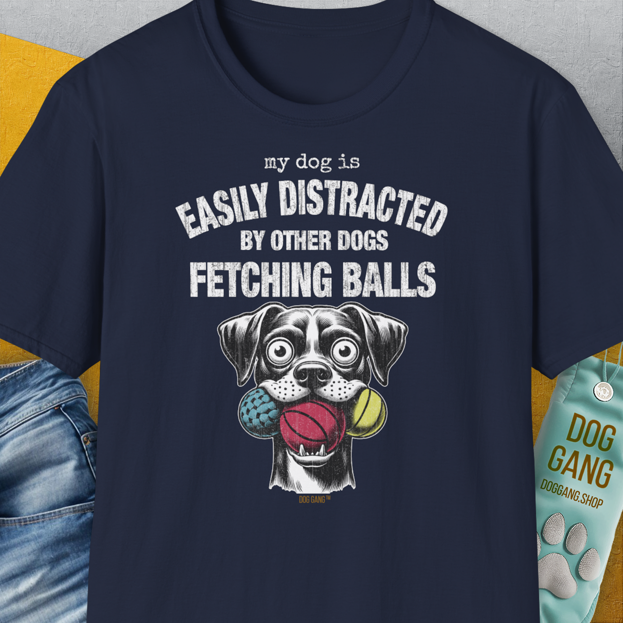 My Dog Is Easily Distracted By - Volume 4: Other Dogs Fetching Balls, Unisex T-Shirt-Navy, Design by Dog Gang