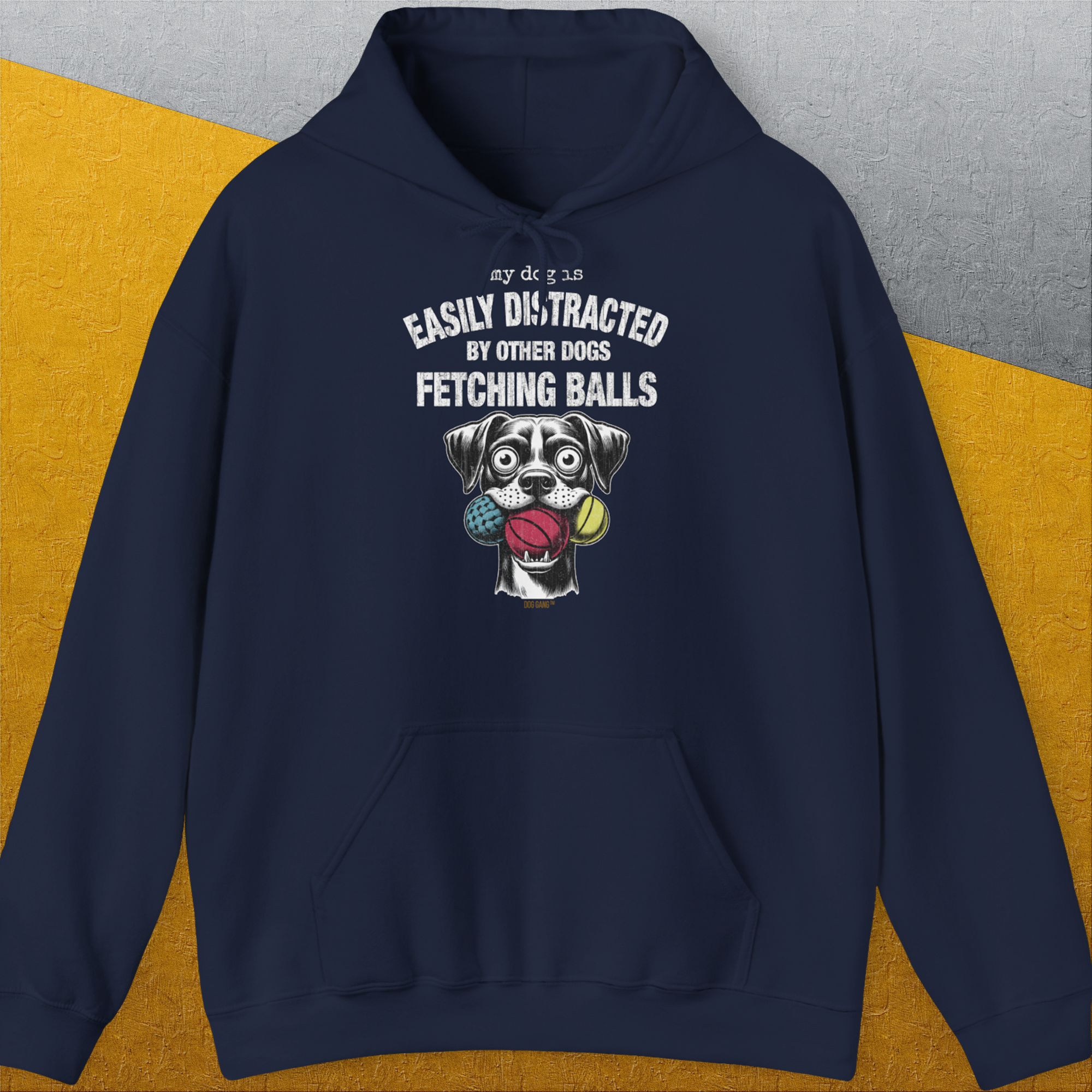 My Dog Is Easily Distracted By - Volume 4: Other Dogs Fetching Balls, Unisex Hoodie-Navy. A dog-themed Design from Dog Gang