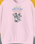 Hellrosa Unisex-Kapuzenpullover mit der Aufschrift „Nothing Beats A Dog's Delight When You Return Home (after just 30 minutes)“. Das lustige Cartoon-Hundedesign fängt die Begrüßung eines Hundes freudig ein. Entworfen von Dog Gang.