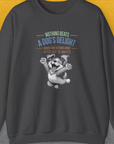 Das Unisex-Sweatshirt „Nothing Beats A Dogs Delight When You Return Home“ in Dark Heather zeigt eine lustige Cartoongrafik eines vor Freude springenden Hundes. Entworfen von Dog Gang.