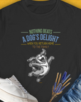 Black Womens T-Shirt with Nothing Beats A Dogs Delight When You Return Home, Volume 3, featuring a joyful dog graphic. Perfect for any dog lover. Designed by Dog Gang.