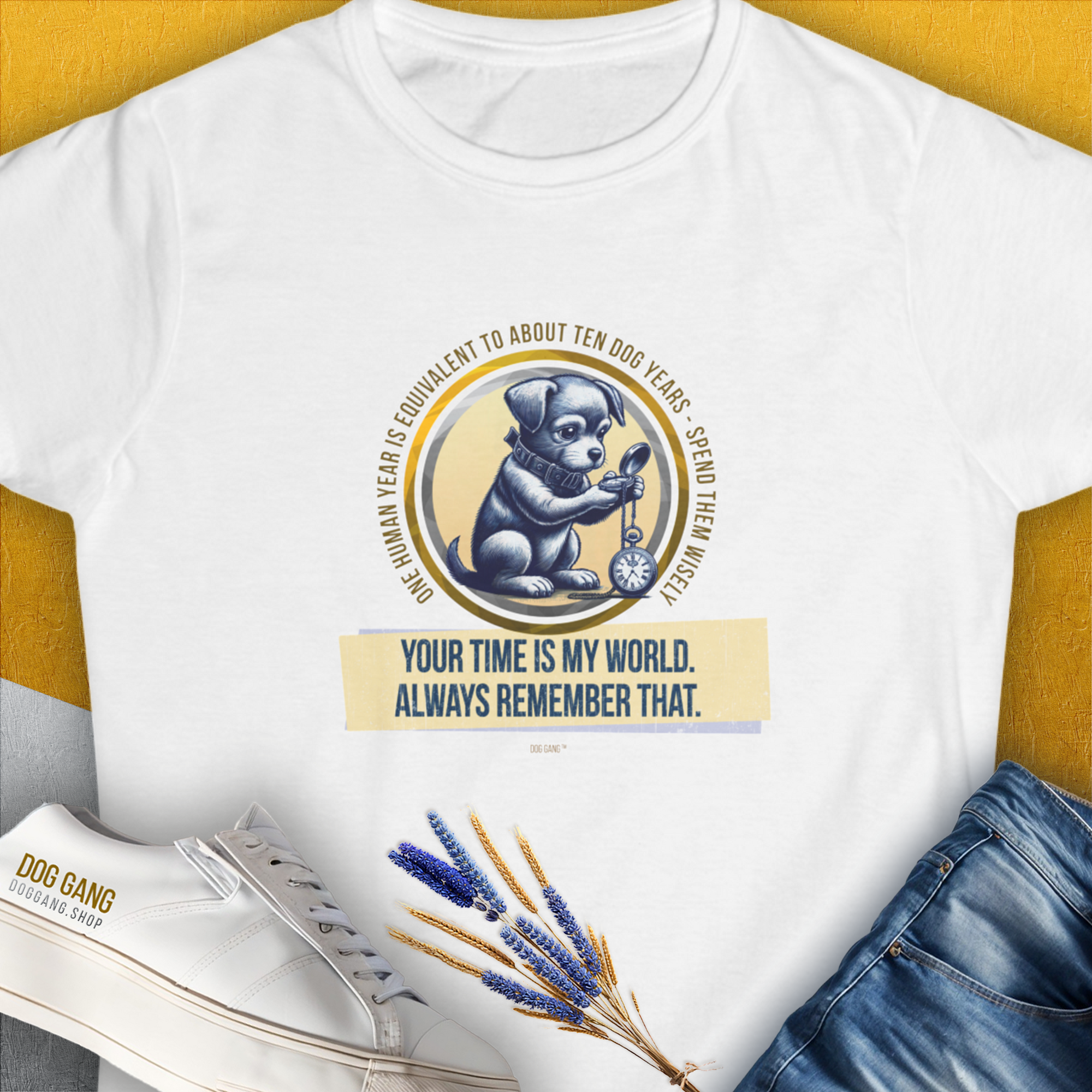 White womens t-shirt with whimsical dog holding a clock saying, One Human Year = Ten Dog Years, Volume 2. Perfect dog lover gift. Designed by Dog Gang.