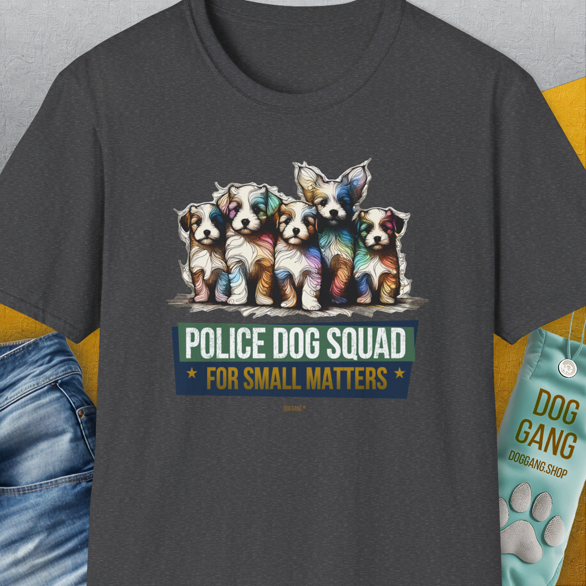 The shirt showcases colorful puppies with the playful phrase Police Dog Squad For Small Matters, Volume 1. Perfect for any dog lover. Designed by Dog Gang.