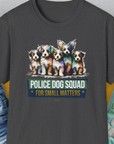 The shirt showcases colorful puppies with the playful phrase Police Dog Squad For Small Matters, Volume 1. Perfect for any dog lover. Designed by Dog Gang.