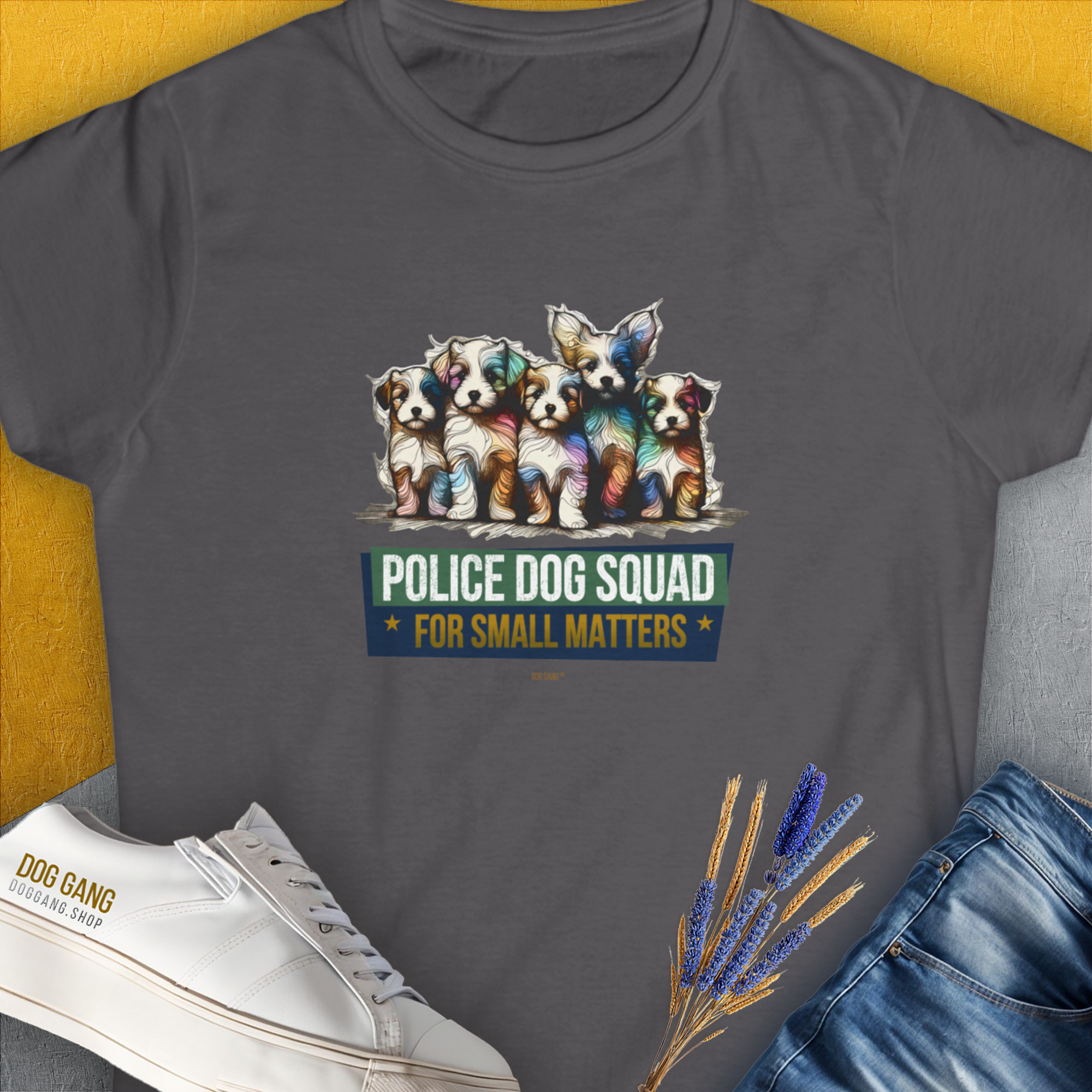 Police Dog Squad For Small Matters, Volume 1, Women's T-Shirt-Charcoal. For dog lovers and dog owners. Design by Dog Gang