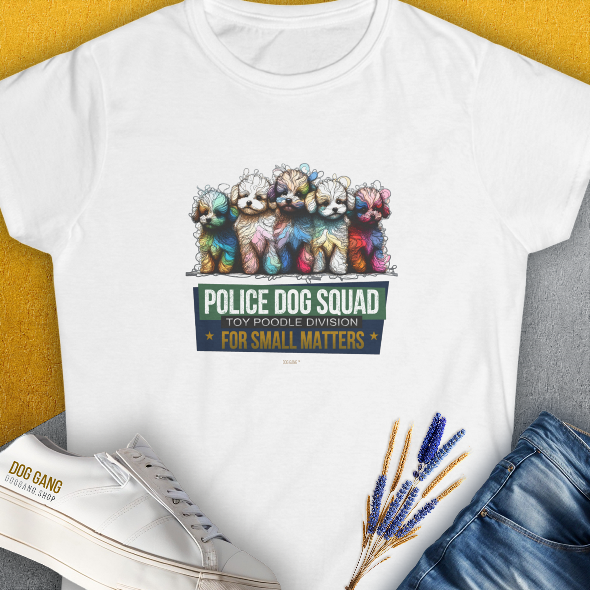 Police Dog Squad For Small Matters (Toy Poodle Division), Volume 2, Women's T-Shirt-White. For dog lovers and dog owners. Design by Dog Gang