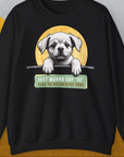 Das schwarze Unisex-Sweatshirt der „Say Hi“-Serie, Band 1 zeigt eine Hundeillustration mit dem englischsprachigen Satz „Ich möchte allen Hundeliebhabern da draußen einfach ‚Hallo‘ sagen!“ Design by Dog Gang.