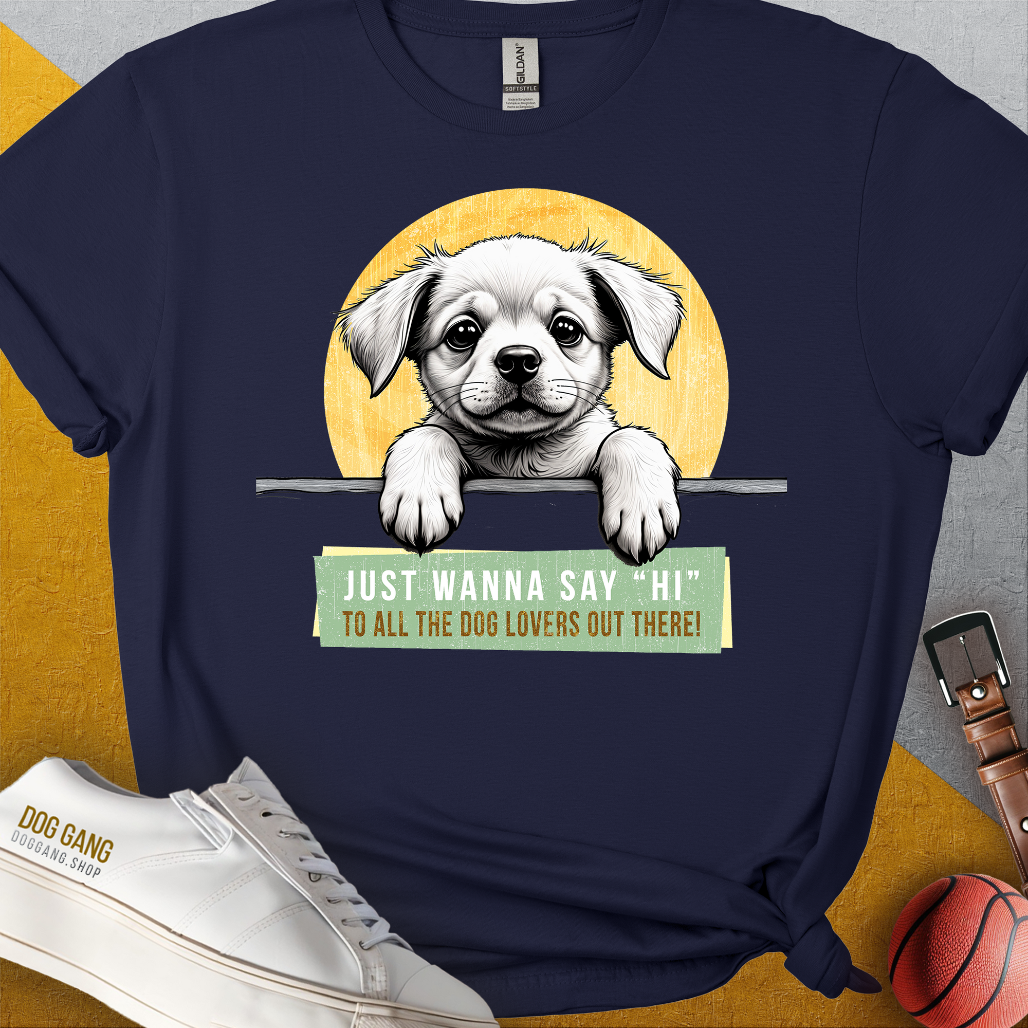 "Say Hi" Series, Volume 1, Unisex T-Shirt-Navy-bequemes Softstyle - Tshirt. Lustiger Spruch mit Hund. Für Hundefreunde, in- und outdoor. Design by Dog Gang