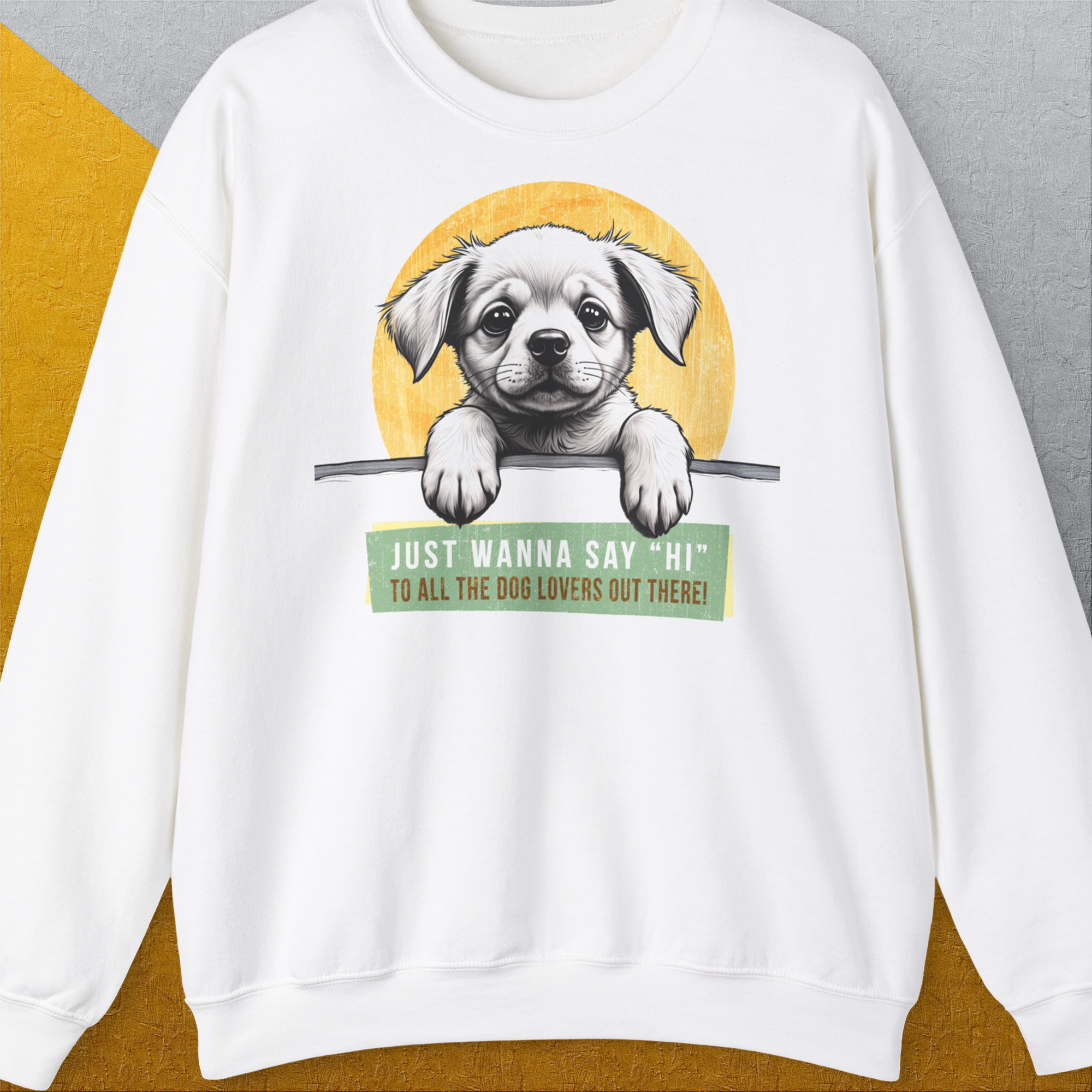 "Say Hi" Series, Volume 1, Unisex Sweatshirt-White-originelles und witziges Shirt mit Hund, Design by Dog Gang
