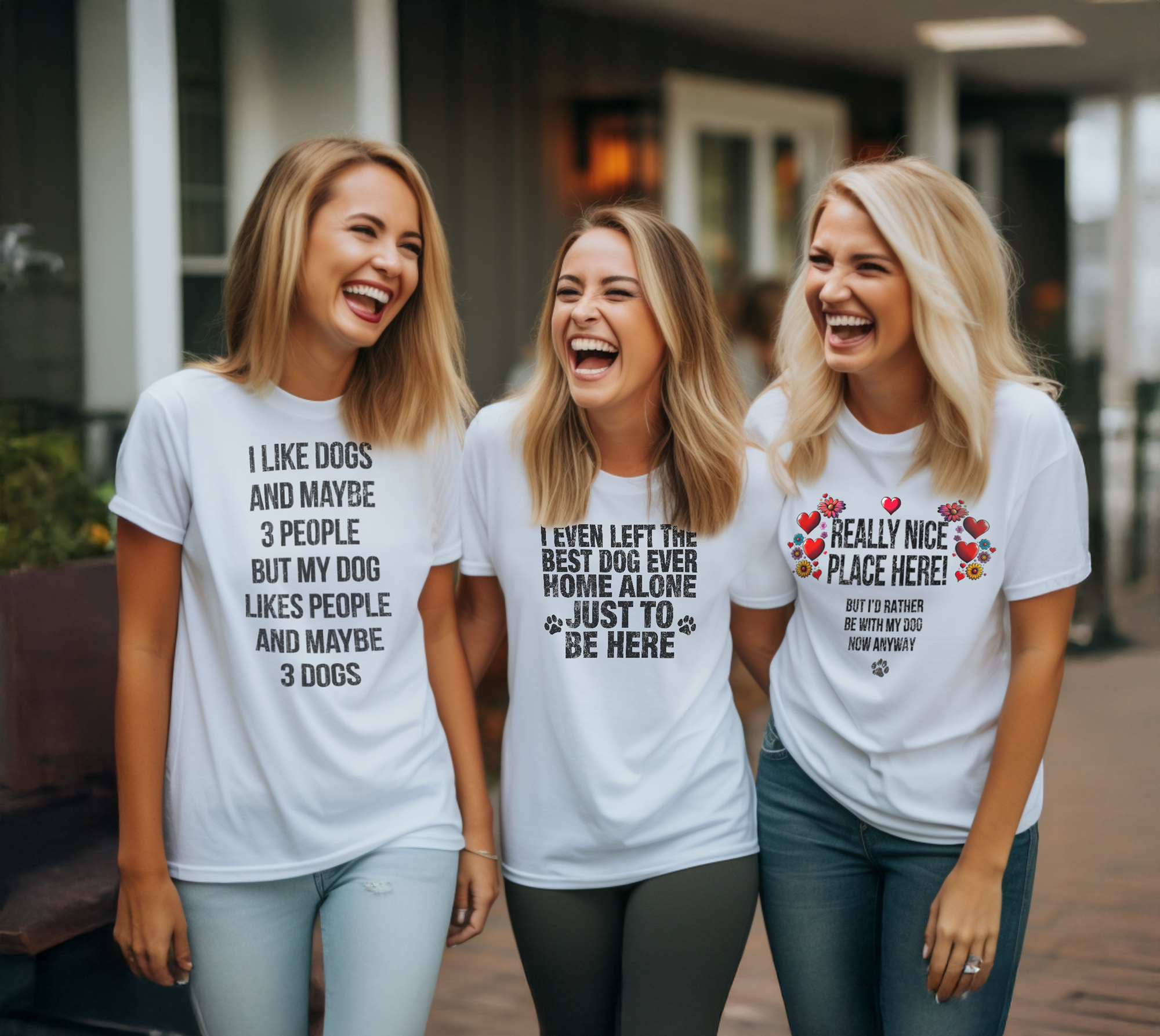 Three women stand outside, laughing, wearing white t-shirts with funny slogans from Dog Gang's "Text-based" series. The shirts read "I like dogs and maybe 3 people, but my dog likes people and maybe 3 dogs" and other funny quotes. They seem to enjoy each other's company.