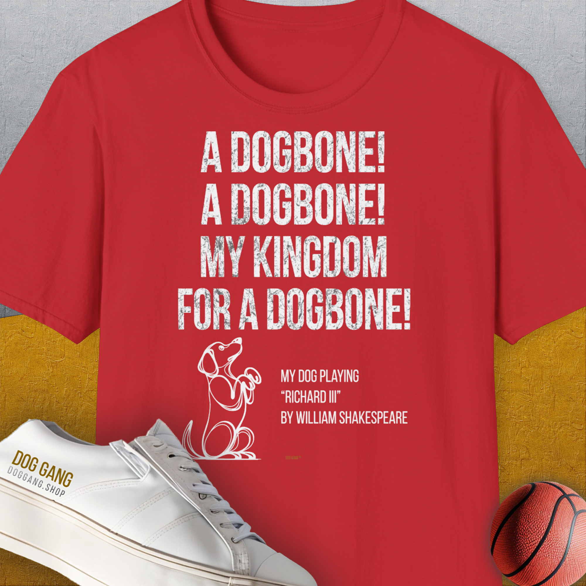 My Kingdom For A Dogbone - My Dog Playing Richard III. by Shakespeare, Unisex T-Shirt-Red-originelles und lustiges Hundeshirt, Design by Dog Gang