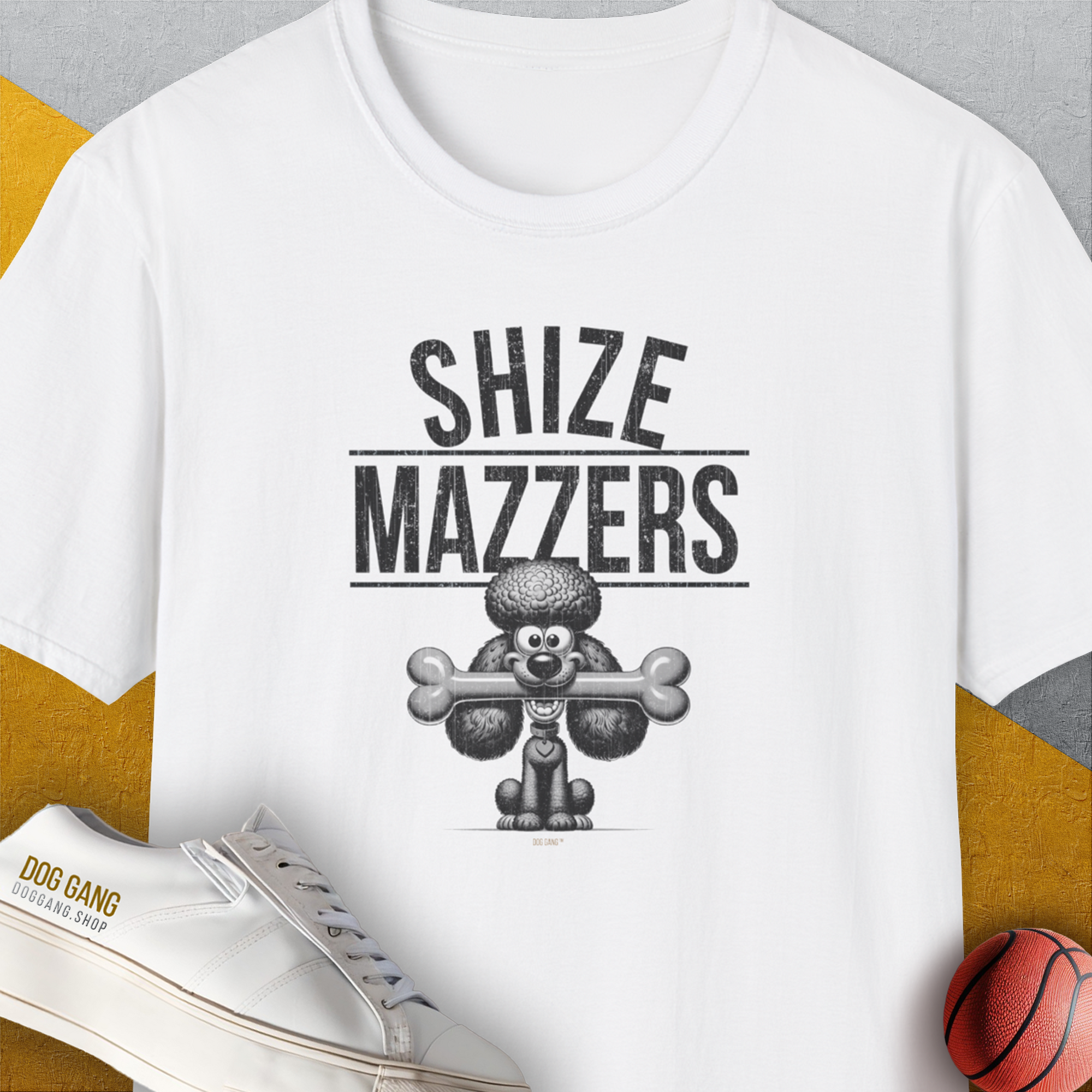 Shize Mazzers, Volume 3, Unisex T-Shirt-White. A perfect gift for dog lovers and dog owners. Design by Dog Gang