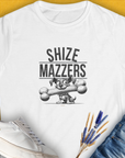 Featuring a funny cartoon dog holding an oversized bone in its mouth, preventing it from speaking properly. The text reads "SHIZE MAZZERS". Perfect for any dog lover. Designed by Dog Gang.