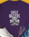 a funny shirt featuring a cartoon dog holding an oversized bone in its mouth, preventing it from speaking properly. The text reads "SHIZE MAZZERS". Perfect for any dog lover. Designed by Dog Gang.