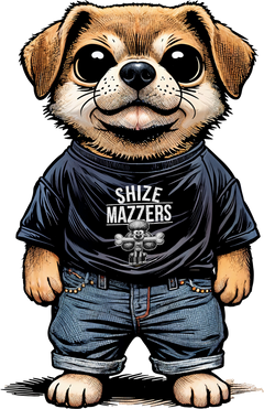 Illustration of a cartoon dog standing upright, wearing a black T-shirt with SHIZE MAZZERS