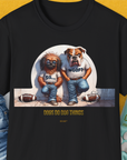 Illustration of two dogs in black T-shirts, each with a shredded football. Text reads DOGS DO DOG THINGS. Funny dog shirt for the playful dog person. Designed by Dog Gang.