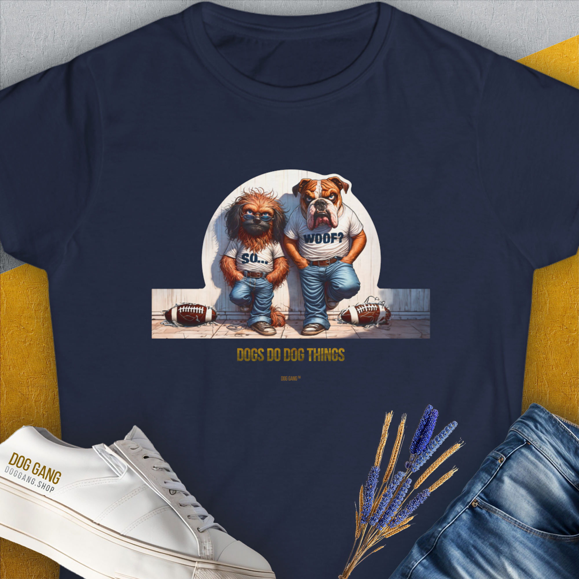 Cartoon dogs in sports gear with the text So... woof? DOGS DO DOG THINGS on a navy shirt. A dog lover gift for casual wear. Designed by Dog Gang.