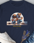 Cartoon dogs in sports gear with the text So... woof? DOGS DO DOG THINGS on a navy shirt. A dog lover gift for casual wear. Designed by Dog Gang.