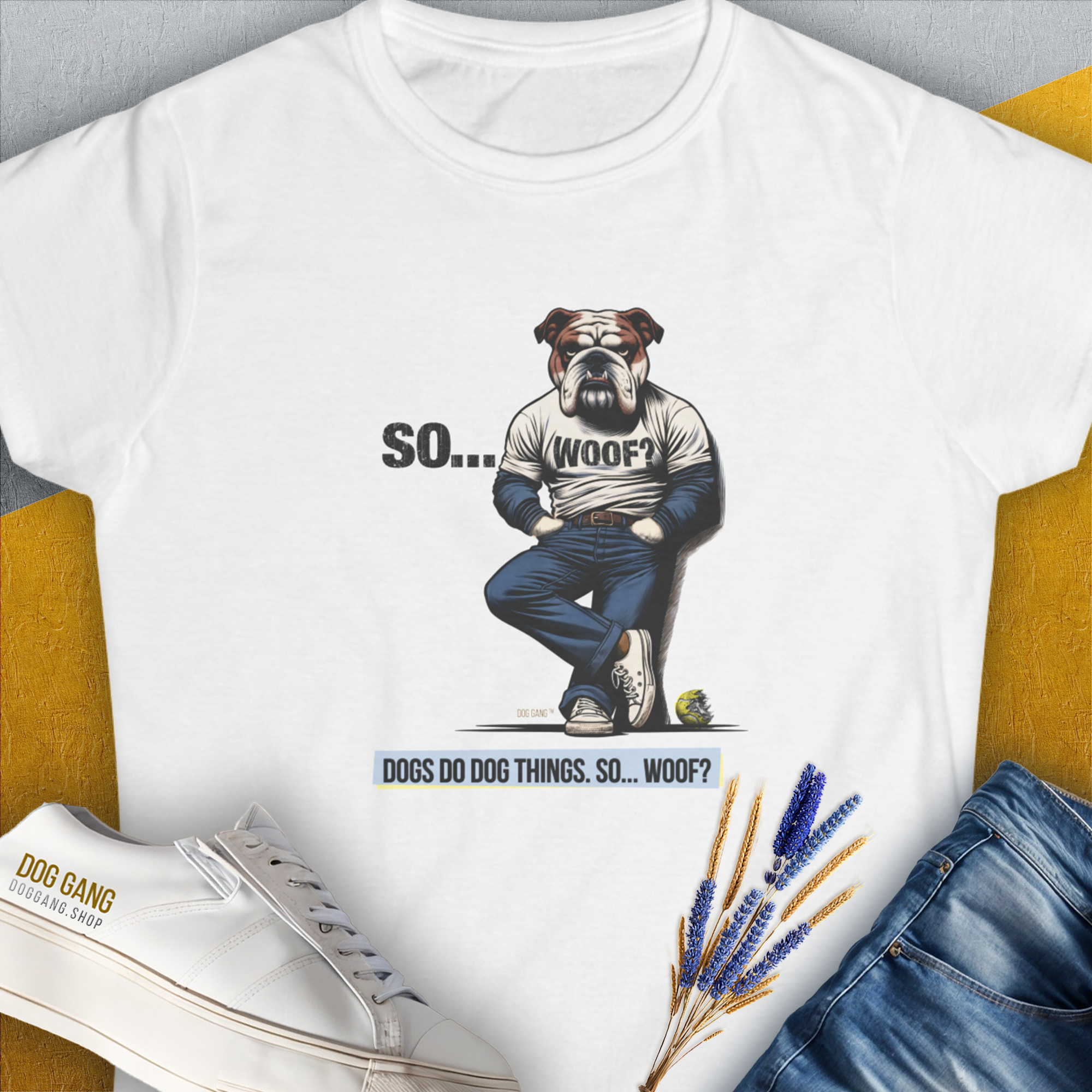 So... Woof? Volume 1, Women's T-Shirt-White. For dog lovers and dog owners. Design by Dog Gang
