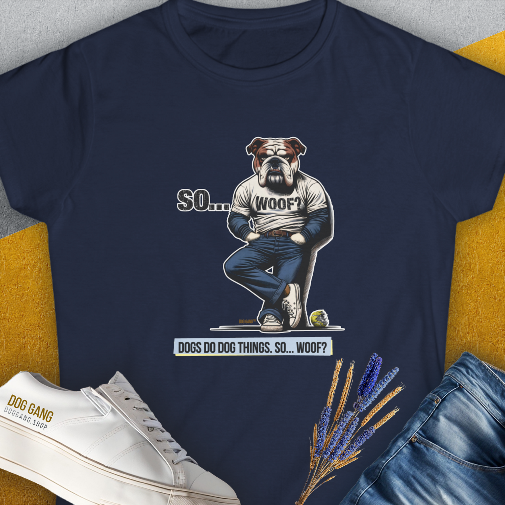 So... Woof? Volume 1, Women's T-Shirt-Navy, a cool and stylish design with a funny saying from Dog Gang