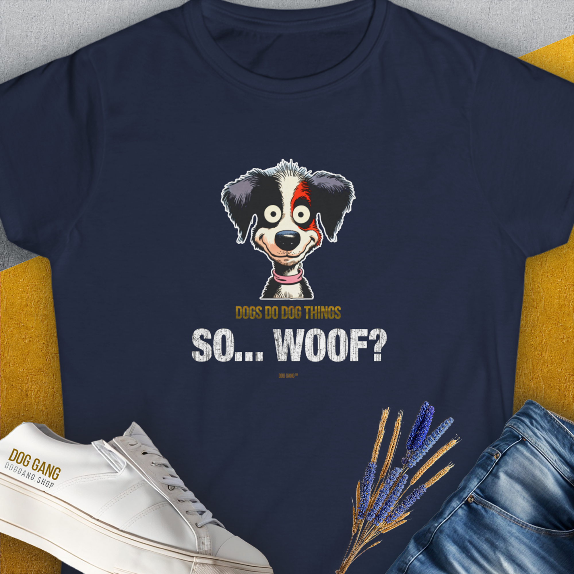 So... Woof? Volume 5, Women's T-Shirt-Navy. A dog-themed Design from Dog Gang