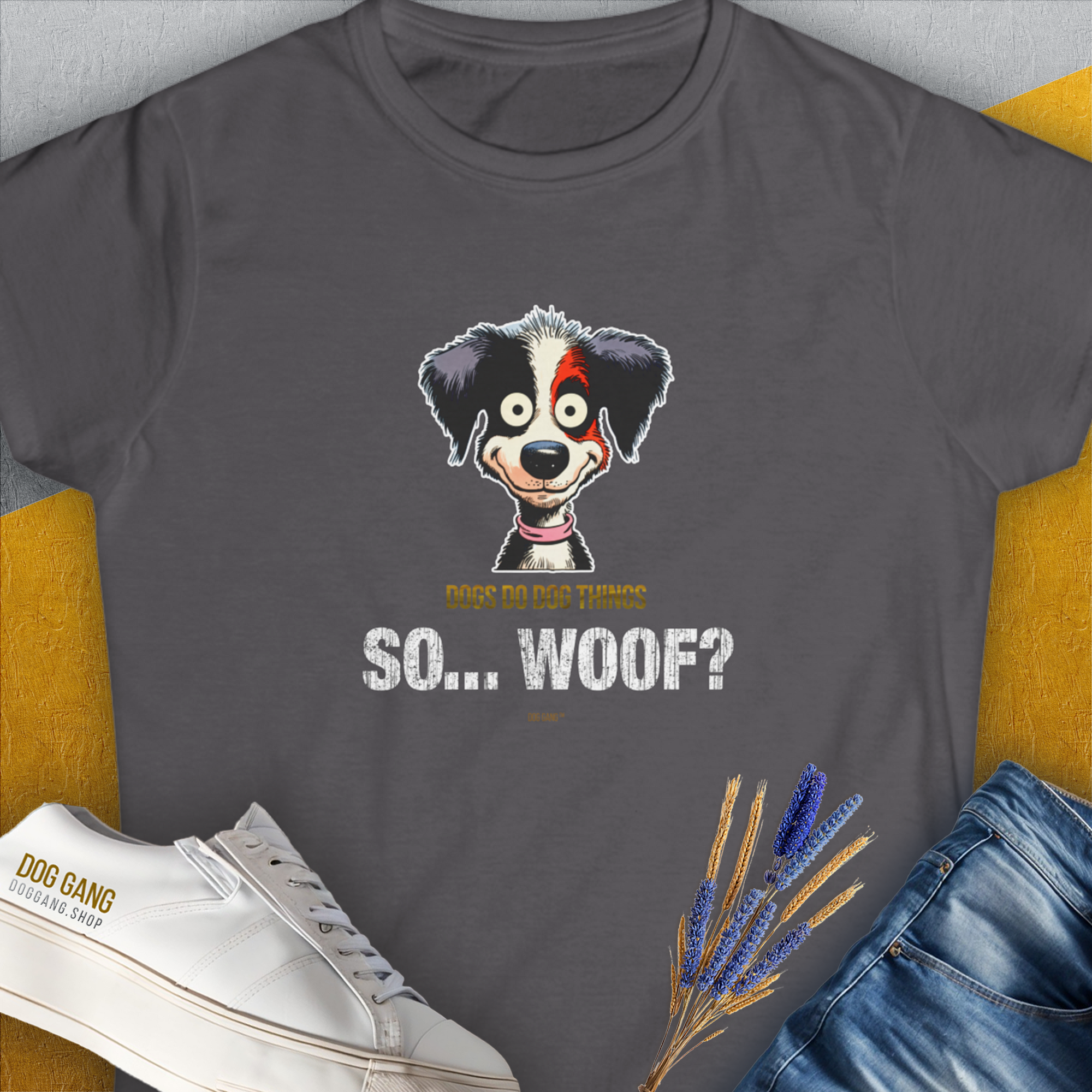 So... Woof? Volume 5, Women's T-Shirt-Charcoal. For dog lovers and dog owners. Design by Dog Gang