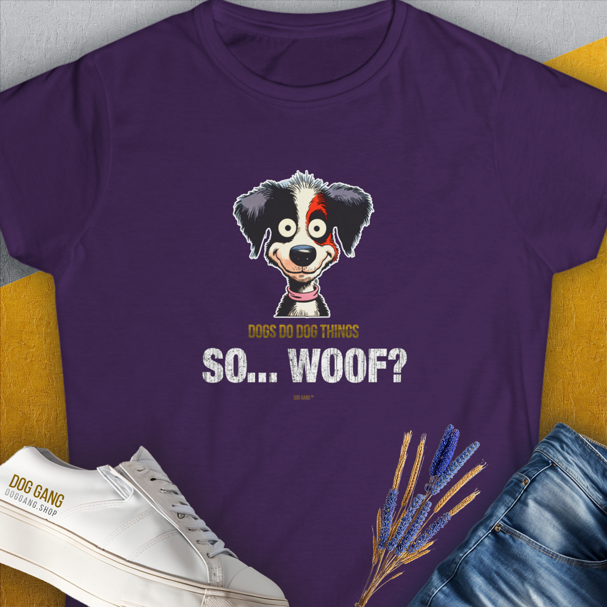 So... Woof? Volume 5, Women's T-Shirt-Purple, a cool and stylish design with a funny saying from Dog Gang