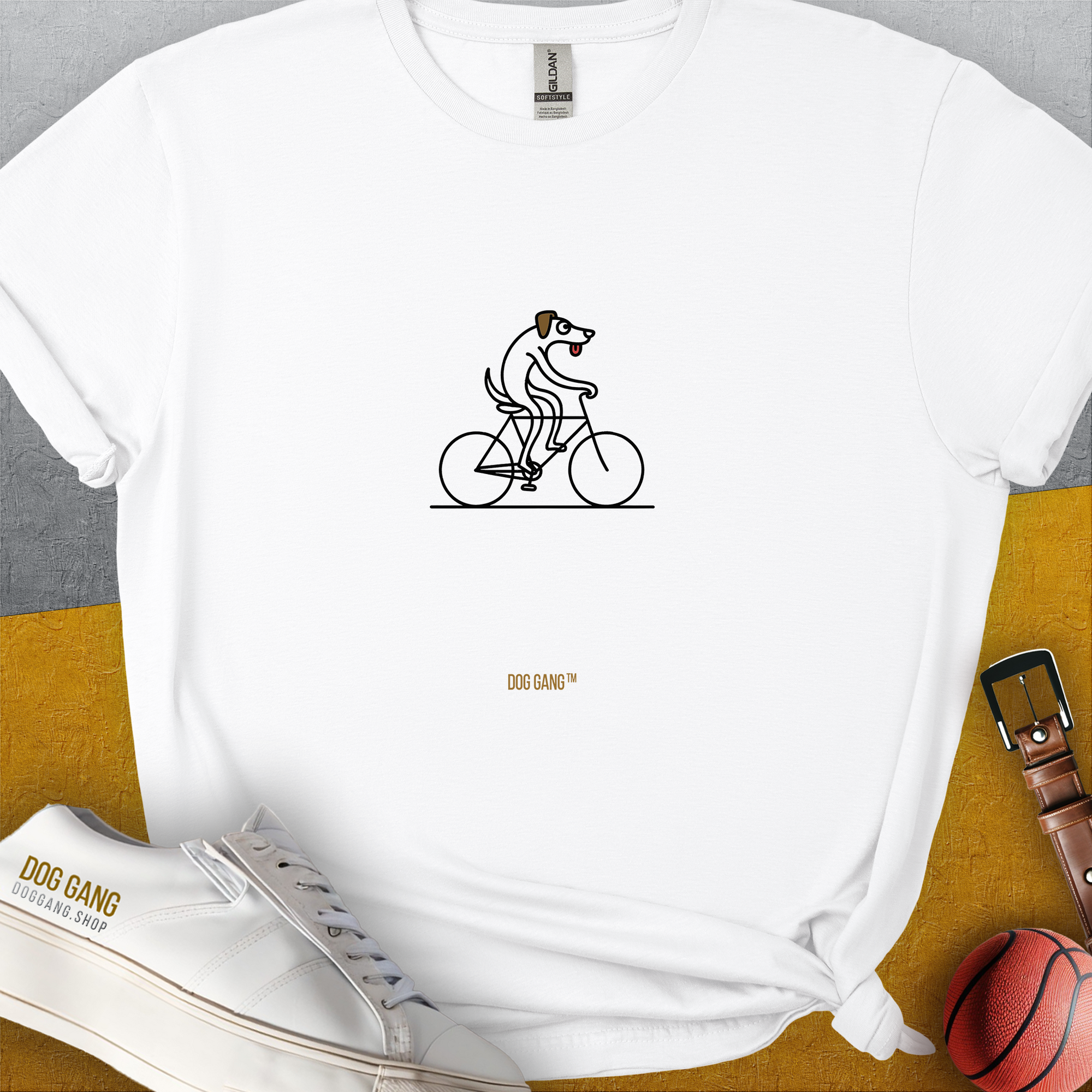 Playful cartoon dog riding a bike. Perfect for any dog lover person. Designed by Dog Gang.