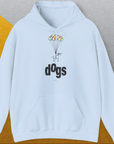 Der hellblaue Unisex-Kapuzenpullover Dog Gang Minimalistic Series II, Volume 1 zeigt das Wort „Dogs“ und einen Cartoon-Hund mit Luftballons, der vom Boden abhebt. Entworfen von Dog Gang.