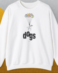 Das weiße Unisex-Sweatshirt Dog Gang Minimalistic Series II, Volume 1 zeigt einen Cartoon-Hund mit Luftballons über „Dogs“ in verspieltem schwarzen Text. Entworfen von Dog Gang.