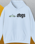 Vintage design with a cartoon dog in a green car and dogs in bold black letters. Perfect for any dog lover. Designed by Dog Gang.