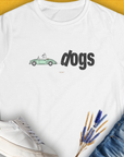 The Dog Gang Minimalistic Series II, Volume 2 Womens T-shirt features a playful dog illustration in a green car with dogs beside it. A perfect dog-themed piece for any dog lover. Designed by Dog Gang.
