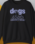 Bold purple dogs text with howling dog silhouettes under a moon on black fabric highlights this funny dog shirt. Crafted from a soft cotton-polyester blend. Designed by Dog Gang.