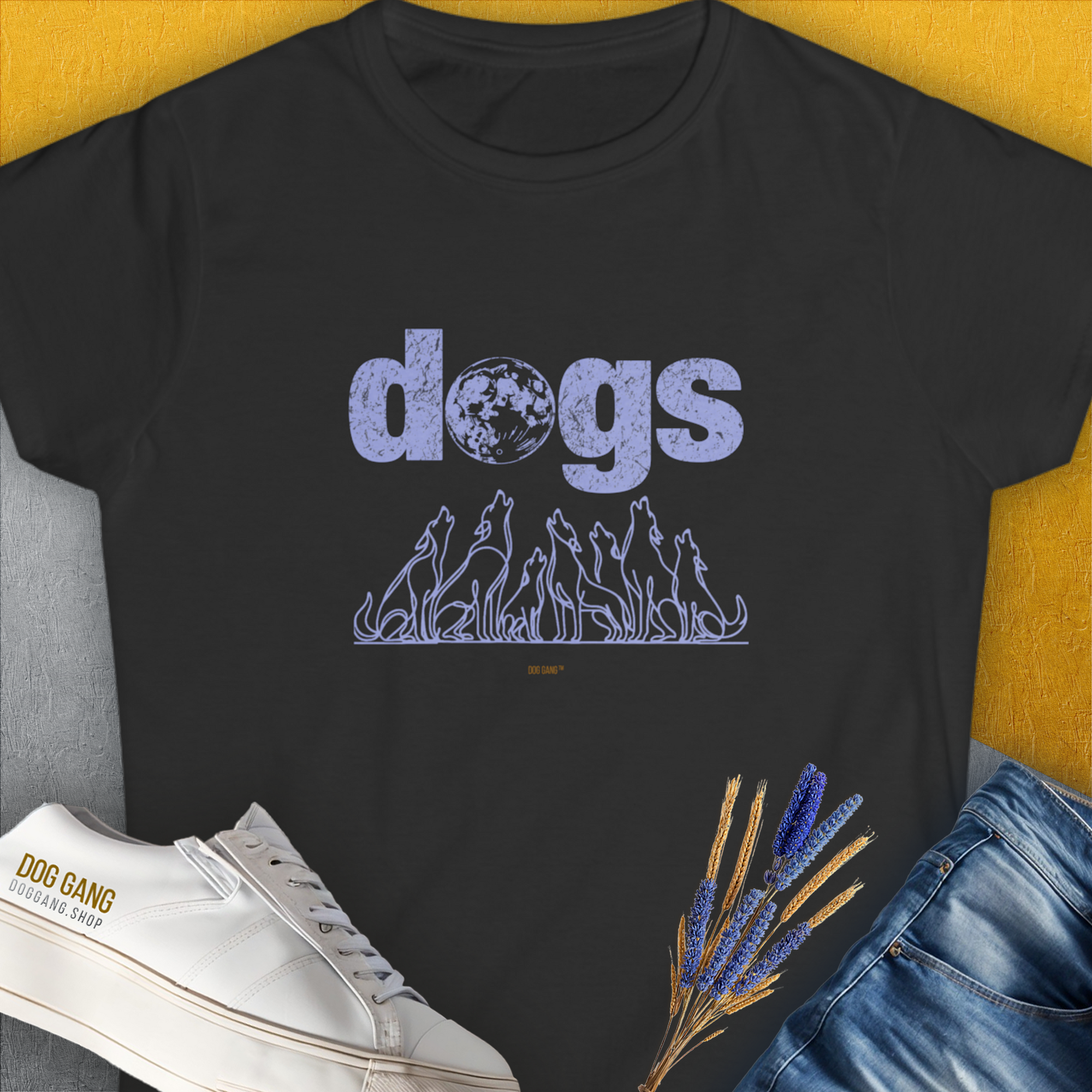 The Dog Gang Minimalistic Series II Womens Black T-shirt features ringspun cotton with dogs text, including howling dog silhouettes and a globe. Designed by Dog Gang.