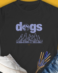 The Dog Gang Minimalistic Series II Womens Black T-shirt features ringspun cotton with dogs text, including howling dog silhouettes and a globe. Designed by Dog Gang.