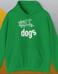 The Dog Gang Minimalistic Series II, Volume 4 unisex hoodie in Irish green features a white biplane sketch and the word dogs. Cute dog design for every day. Designed by Dog Gang.