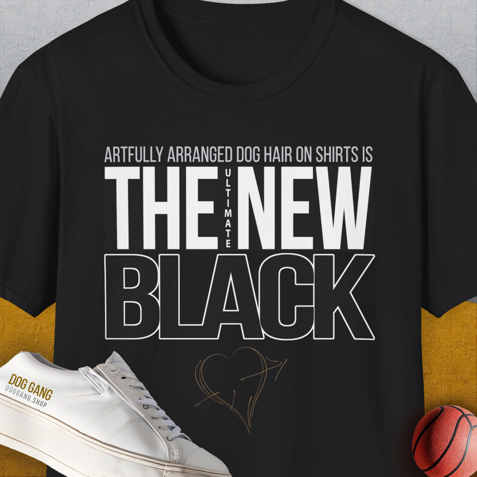Black unisex t-shirt with a white quote: Artfully arranged dog hair on shirts is the ultimate new black. Perfect for dog owners looking for a funny shirt. Designed by Dog Gang.